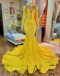 Yellow Long Prom Dresses For Black Girls 2022 Elegant Sheer O-Neck Birthday Party Gowns Appliques Graduation Dress Robe De Bal 0431