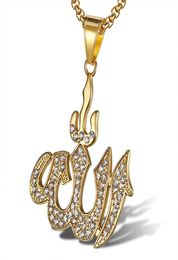 Hip Hop Bling Iced Out Rhinestones Gold Silver Colour Stainless Steel Islam Muslim Pendant Necklace for Men Rapper Jewelry3321209