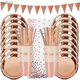 Disposable Plastic Tableware Rose gold birthday decoration disposable tableware set paper cups adult wedding birthday WX