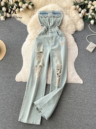 SINGREINY American Retro Streetwear Denim Jumpsuits Zipper Pocket High Waist Wide Legs Ripped Pants Summer Women Slim Rompers 240424