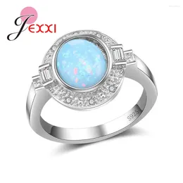 Cluster Rings Trendy Round Blue Fire Opal With CZ Crystal 925 Sterling Silver Fashion Women Femme Wedding Jewellery Anillos