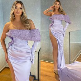 Shoulder Off Sequins Pearls Lavender Formal Evening Mermaid Party Prom Dress Pleats Thigh Slit Dresses For Special Ocn es