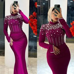 Crystal Evening Dresses Neck High Fuchsia Muslim Long Sleeve Arabic Dubai Prom Dress Pleat Satin Kanfan Mermaid Formal Dresses For Women