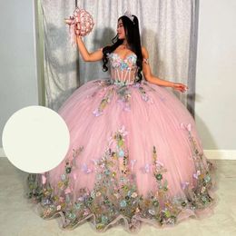 Yay pembe prenses dantel aplikeler boncuk tull omuz quinceanera elbiseler kızlar balo elbisesi tatlı vestidos de 15 anos