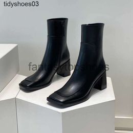 The Row thick TR Shoes Women Rois Dress shoes Designers heel short boots for women 2022 new leather inclined square head high heel side zipper Martin
