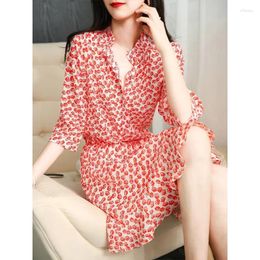 Casual Dresses Ladies Floral Silk Dress Medium Length Three Quarter Sleeve Mulberry Temperament Summer