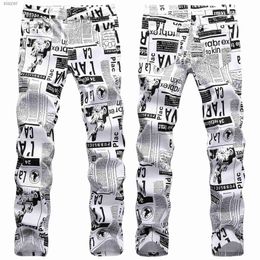 Men's Jeans Mens high-quality street fashion printed jeans slim fit elastic denim pants newspaper painting party jeans cool casual jeans; WX