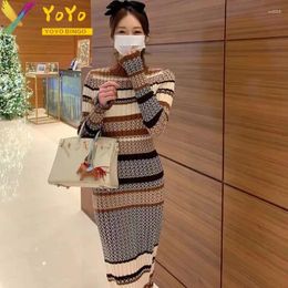 Casual Dresses Colourful Striped Knitted Long Dress Women Soft Elastic Turtleneck Sleeve Autumn Winter Elegant Slim Bodycon Sweater