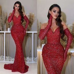 Party Gown Mermaid Red Evening Sweetheart Sequins Prom Dresses Sleeves Sweep Train Formal Long Dress For Red Carpet Special Ocn