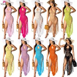 Casual Dresses VOLALO Hand Crochet Fishnet Long Tassel Summer Beach Dress Fashion Sexy Halter Backless Maxi Women Tunic Swimwear Outfits