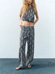 Women's Pants Summer Fashion Western Style All-match Clothing Black Cotton High Waist Printed Straight Trousers