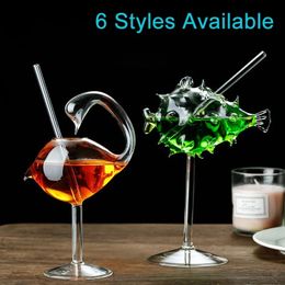 Creative Pufferfish Octopus Swan Bird Cocktail Glass Transparent Goblet with Straw Wine Juice Cup for Party Bar Nightclub 240429