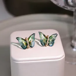 Stud Earrings 925 Silver Needle Colorful Butterfly Light Luxury Diamonds Semitransparent Forest Series Small Fresh And Simpl