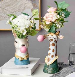 Resin Cartoon Animal Head Vase Flower Pot Bubble Gum Zebra Giraffe Panda Deer Bunny Bear Animal Creative Crafts Decoration 2104097902168