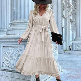 Casual Dresses 2024 Spring Women Vintage Maxi Party Dress Long Sleeve Lace-up Waisted Ruffles V-neck Pleated Evening Vestidos Robe