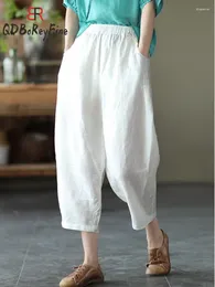 Women's Pants Summer Casual Korean Fashion High Waist Calf-Length Loose Cotton Linen Haren Cropped Pant For Women 2024