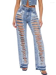 Women's Jeans Sexy Ripped Flare Women Night Clubwear For Party Long Pants Bell Bottoms High Waist With Pockets Blue Hole Denim Trousers