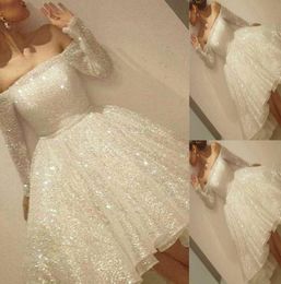 New Arrival White Shine Short Homecoming Dresses Sequins Off The Shoulder Long Sleeve Party Dress Thin Ribbon ALine Cocktail Dres8679999