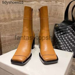 The Row heel high shoes Designer leather TR Martin boots for women in autumn and winter 2022 New style square head side zipper thin leg thick heel HPUO
