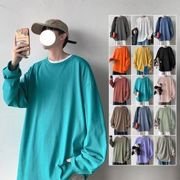 Long Sleeve t shirt for Men Autumn Fashion Cotton Solid Colour t-shirts Cosy Streetwear Mens t-shirt Baggy Korean Trendy 240420