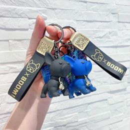 Keychains Lanyards Punk French Muscle Bulldog Keychain PU Leather Dog Keychains for Women Men Bag Pendant Jewellery Trinket Car Key Ring Key Chain Q240429