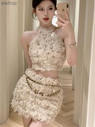 Skirts Elegant and fashionable small perfume sequins two-piece womens ceiling+chain skirt set 2023 summer tweed sweet two-piece set XW