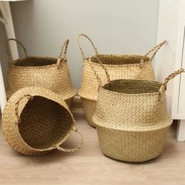 Storage Baskets Handwoven Seagrass Storage Basket Seaweed er Flower Plant Baskets Woven Flowerpot Handle Dirty Clothes Laundry Picnic Basket