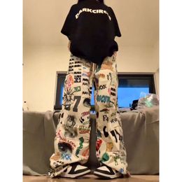 American Hand-painted Colourful Graffiti Straight Casual Pants for Men and Women Loose Wide Leg cargo pants