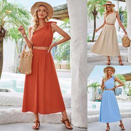 2024 Summer New Women's Fashion Fresh Style Solid Colour Oblique Shoulder Waist Wrap Dress Set F43041