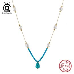ORSA JEWELS Turquoise Pendant Necklace 925 Sterling Silver Bohemian Natural Freshwater Pearl for Women Jewellery MPN02 240425