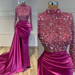 Rosy Mermaid Sexy High Pink Evening Sequins Neck Cutaway Sides Formal Party Prom Dress Pleats Dresses For Special Ocn es