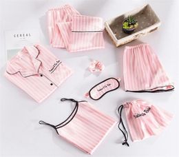 Pink Striped Pyjamas Silk Satin Femme Pyjama Set 7 PiecesSet Stitch lingerie Robe pyjamas Women Sleepwear Mom Pjs kPaCotAkoWka 215851129