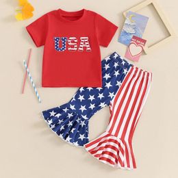 Clothing Sets FOCUSNORM 0-5Y Independence Days Kids Girls Lovely Clothes Short Sleeve Letter Embroidery T-Shirt Flare Pants