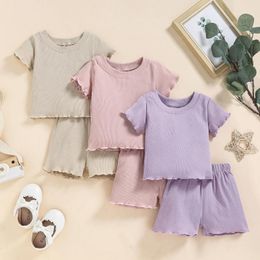 Clothing Sets Little Girls Boys Two Pieces Clothes Outfit Solid Ribbed Cotton Casual Short Sleeve T-Shirt Shorts Set For Toddler