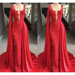 Long Red New Arrival Lace Mermaid Prom Dresses Watteau Train Sheer Neck Formal Dress Evening Gowns Vestidos Fiesta Robes De Bal 0430