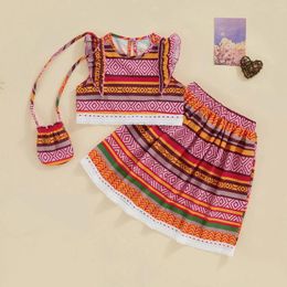Clothing Sets CitgeeSummer Kids Girl Outfit Striped Print Tops And Elastic A-line Skirt Crossbody Bag Clothes Set