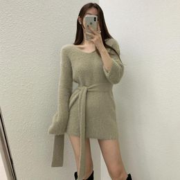 Casual Dresses Dress For Women Gentle Temperament V-neck Lace-up Waist Long-sleeved Hip-covering Mink Velvet Sweater Lazy Style