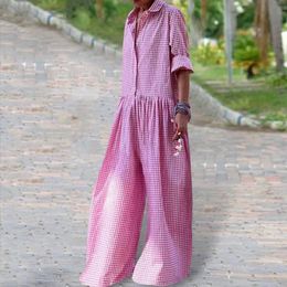 Wide-leg Jumpsuit Women Casual Stylish Cheque Print Womens with Long Sleeves Wide Legs Loose Fit for A 240429