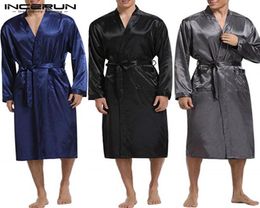 INCERUN Mens Robe Silk Satin Long Sleeve Autumn Long Bathrobe Lightweight Sleepwear Belt Pajamas Dressing Gown Kimono Hombre Y20042522136