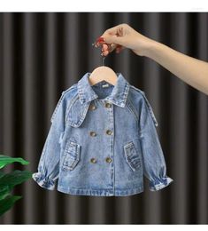 Jackets 2024 Korean Fashion Cute Girls Spring Autumn Solid Colour Comfortable Denim Embroidery Lace Top Long Sleeve Polo Coat