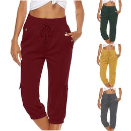 Women Stretch Pants Solid Colour Mid-calf Length Flap Pockets Stretchy Waist Cropped Pants Female Cargo Capris Pants2404292