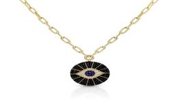 Gold filled black cubic zirconia round coin evil eye pendant necklace wide open link chain for women 2010146991169