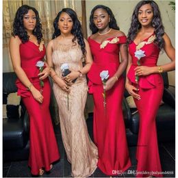 African Black Girls Cheap Red Mermaid Bridesmaid Dresses Off Shoulder Open Back Ruffles Floor Length Maid Of Honour Wedding Guest Party Gowns 0430