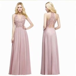 Runway Dresses Dusty Halter Neck Lace Pearls Evening Dresses Long Sexy Open Back Chiffon Formal Party Prom Gowns Vestido De Gala Jurken Y240426