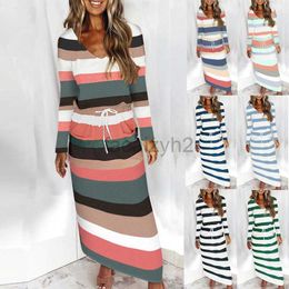 Basic Casual Dresses Designer Dress women's V-neck loose print stripe long sleeved dress