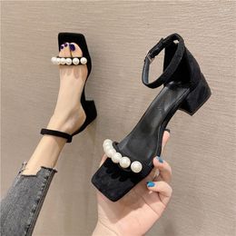 Sandals Thick Heel Women's Summer 2024 Style Square Head One-sided Belt High-heeled Shoes Temperament