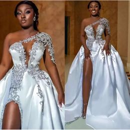 African High Sexy EBI ASO Split Wedding Dresses A Line One Shoulder Beaded Appliques Keyhole Neck Slit Bridal Gowns Plus Size Robes Custom Made Bc14877 ppliques