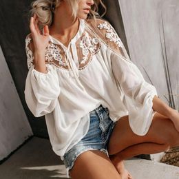Women's Blouses Chic Casual Blouse Pure Colors Soft Texture Regular Length Embroidery Lace Perspective Patchwork Pullover Top