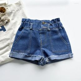 Shorts Girls' Soft Denim 2024 Summer Children's High Waist Large Pocket Design Fur Edge Fashion Cool Baby Wear 2-6Y