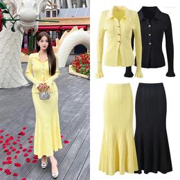 Work Dresses High End Black Women's Knitted Sets Turn Down Collar Long Sleeve Cardigan Tops Waist Elegant Mermaid Skirt Yellow Suit